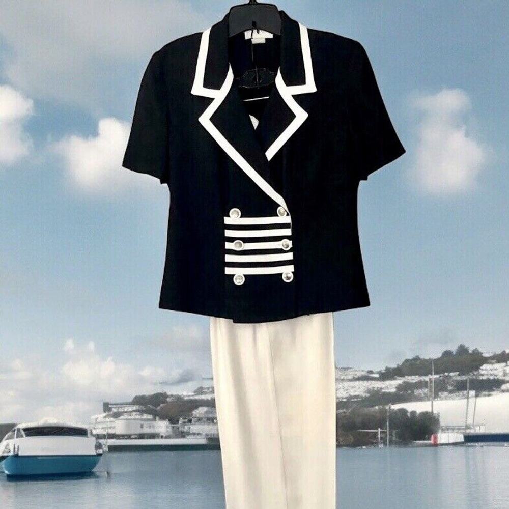 Vintage Nautical Pant Suit Black White Double Breasted Jacket High Waisted Pants